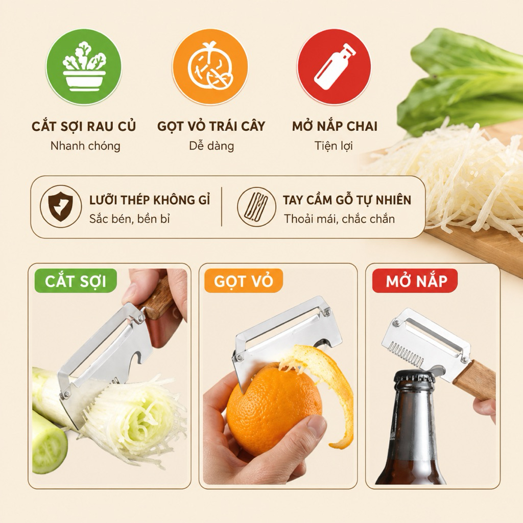 Dao Nạo Đa Năng 3 Trong 1 Gọt Vỏ Bào Sợi Hành Mở Nắp Cán Gỗ Cao Cấp