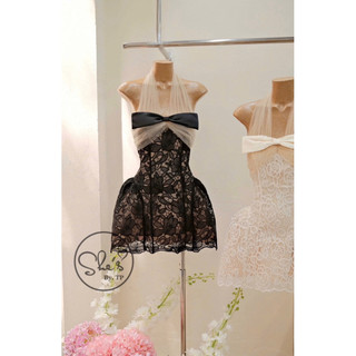 Váy Ren Nơ Phối Cổ Yếm Lưới Xoè Chuẩn She’s