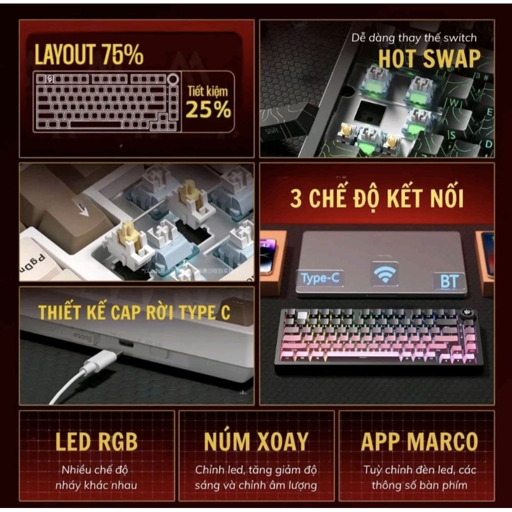 Leobog HI75C Pro - Bàn phím cơ không dây - 3 Mode kết nối - Núm xoay - Layout 75% - Led RGB - App | BigBuy360 - bigbuy360.vn