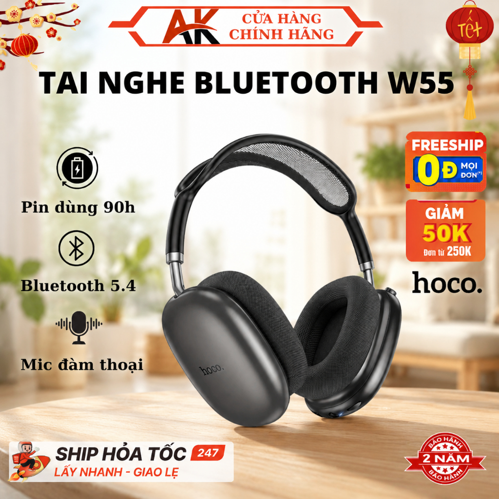 Tai Nghe Chụp Tai Hoco W55 Bluetooth V5.4, Pin Sử Dụng 90h, Có Mic, Hỗ Trợ Thẻ Nhớ, BH 2 Năm