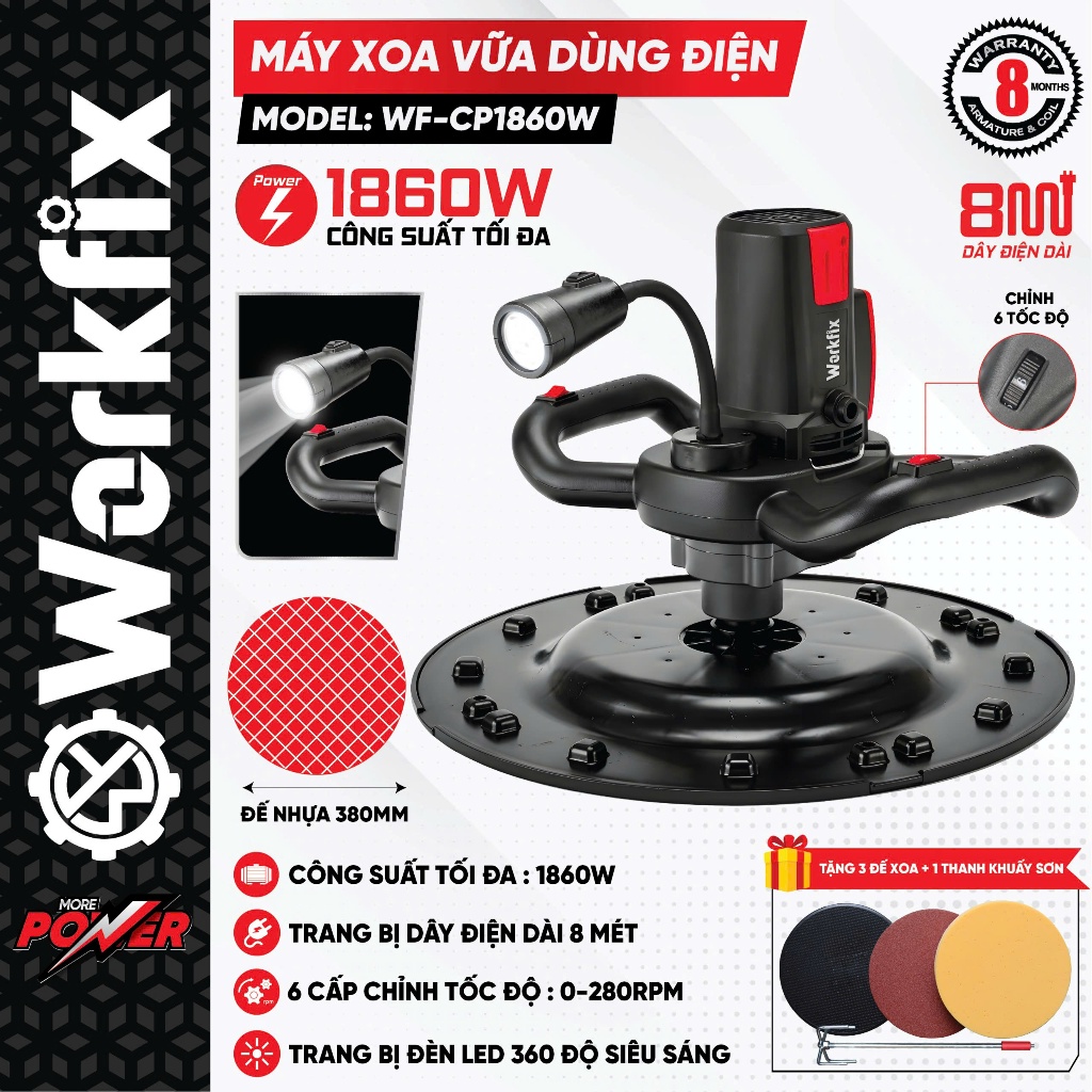 [TẶNG BỘ PHỤ KIỆN] Máy Xoa Vữa Chát Tường Workfix WF-CP1860W Công Suất 1680W - 6 Tốc Độ - Xoa Vữa, Khuấy Sơn, Chà Nhám