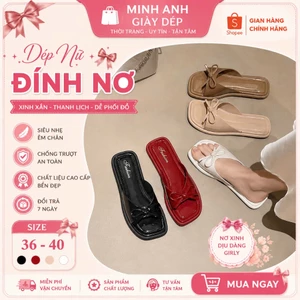 Dép Nữ Đính Nơ - Dép Quai Ngang Nữ Mũi Vuông Êm Chân Chống Trượt Size 36-40 | Minh Anh Giày Dép