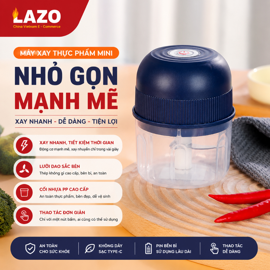 Máy xay thực phẩm mini cầm tay LAZO, Máy xay 3 lưỡi sắc bén xay nhuyễn tỏi ớt và thịt rau củ