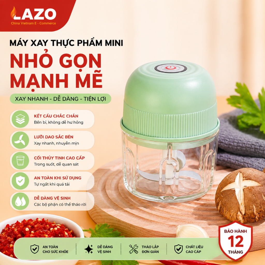 Máy xay thực phẩm mini cầm tay LAZO, Máy xay 3 lưỡi sắc bén xay nhuyễn tỏi ớt và thịt rau củ