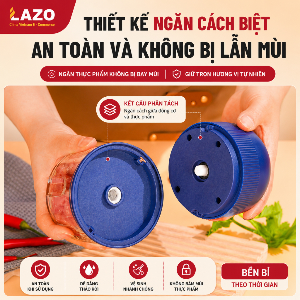 Máy xay thực phẩm mini cầm tay LAZO, Máy xay 3 lưỡi sắc bén xay nhuyễn tỏi ớt và thịt rau củ