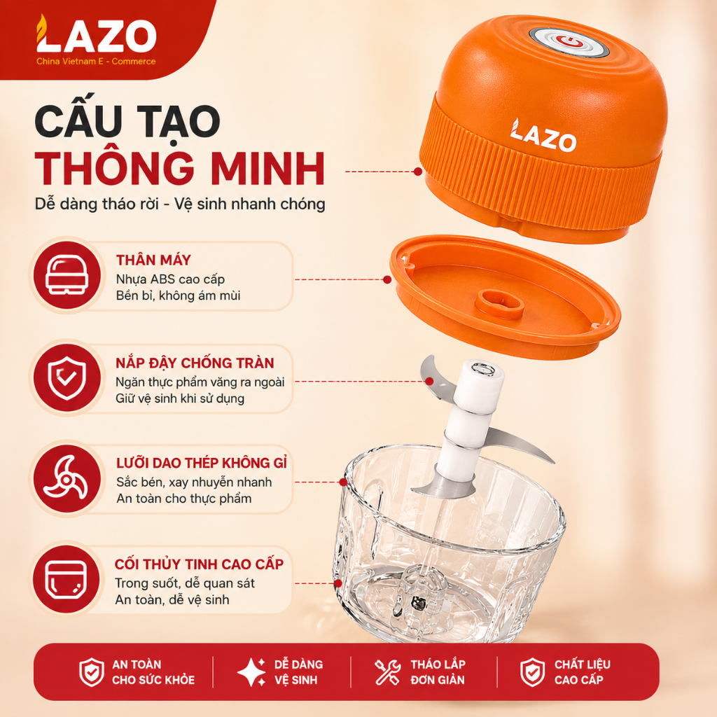 Máy xay thực phẩm mini cầm tay LAZO, Máy xay 3 lưỡi sắc bén xay nhuyễn tỏi ớt và thịt rau củ