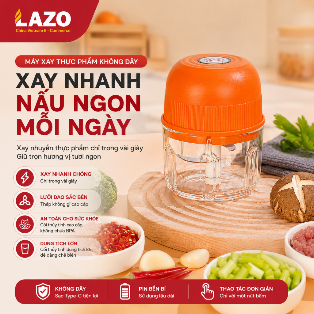 Máy xay thực phẩm mini cầm tay LAZO, Máy xay 3 lưỡi sắc bén xay nhuyễn tỏi ớt và thịt rau củ