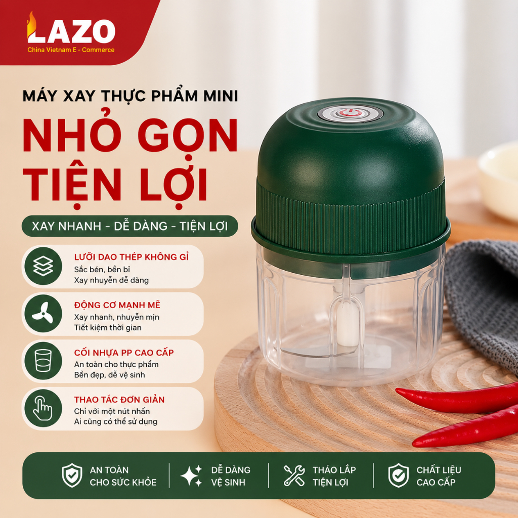 Máy xay thực phẩm mini cầm tay LAZO, Máy xay 3 lưỡi sắc bén xay nhuyễn tỏi ớt và thịt rau củ