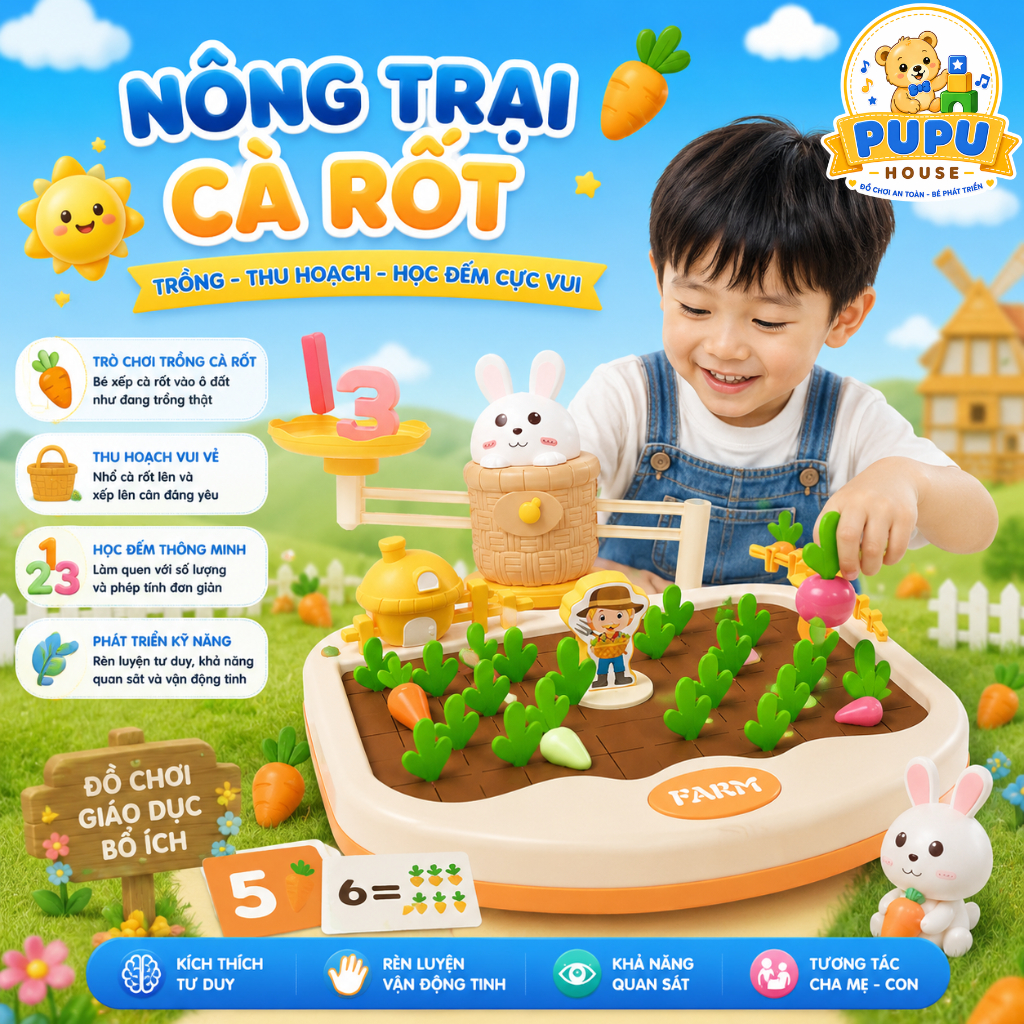 Đồ Chơi Nhổ Cà Rốt Thỏ Cà Rốt Cho Bé Phân Biệt Màu Sắc Trò Chơi Ghi Nhớ Montessori Đồ chơi cho bé - PUPU HOUSE