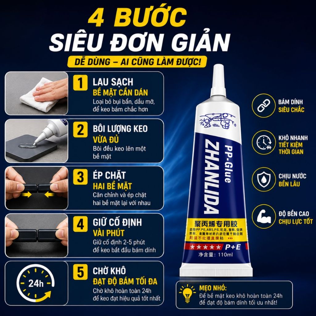 Keo dán nhựa PP PE Glue siêu dính không cần khoan đục dùng nhiều bề mặt tuýp 110ml