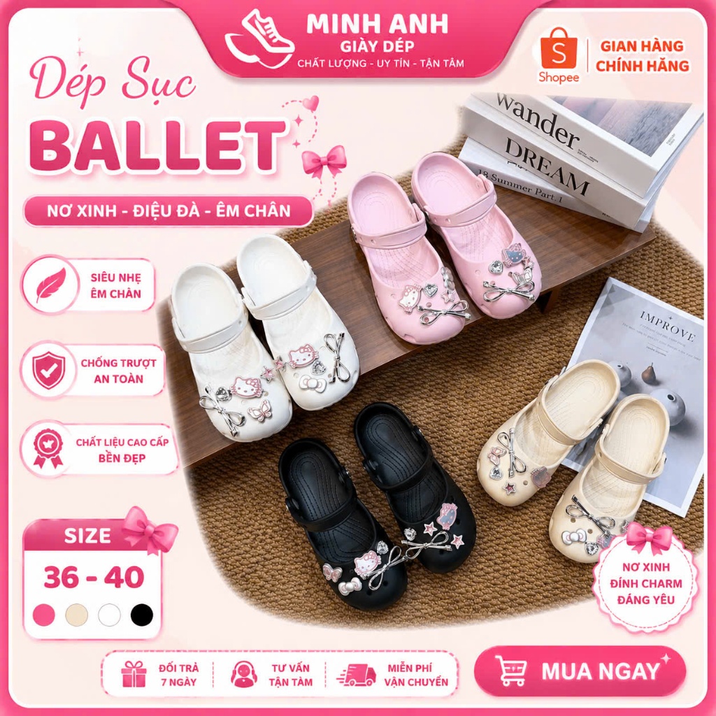 Dép Sục Ballet Nữ Đính Charm Nơ Xinh Cute - Dép Thời Trang Êm Chân Chống Trượt Size 36-40 | Minh Anh Giày Dép