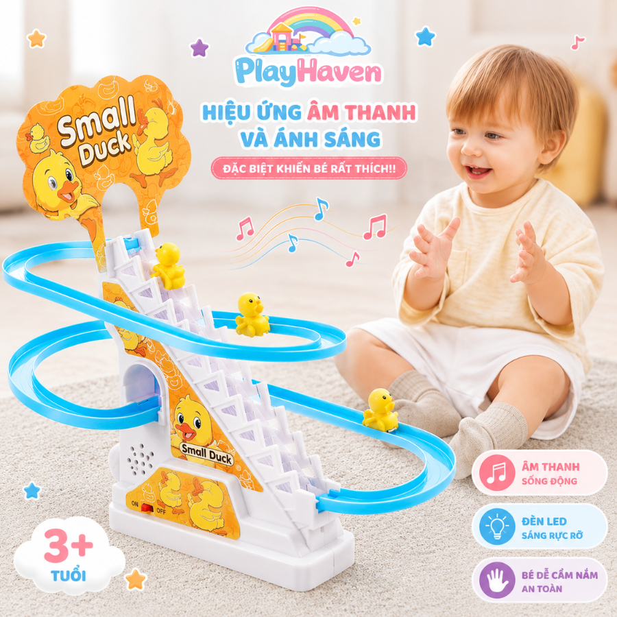 Đồ Chơi Vịt Leo Cầu Thang Phát Nhạc 3 Tầng 3/6/9 Vịt Cho Bé, Chạy Đèn Vui Nhộn Tặng Kèm Pin