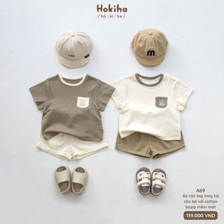 Áo Cộc Tay May Túi Phối Màu Hình Đáng Yêu Cho Bé Hokiha Vải Cotton Mềm Mại, Co Giãn Thoải Mái Size 8-17kg A69