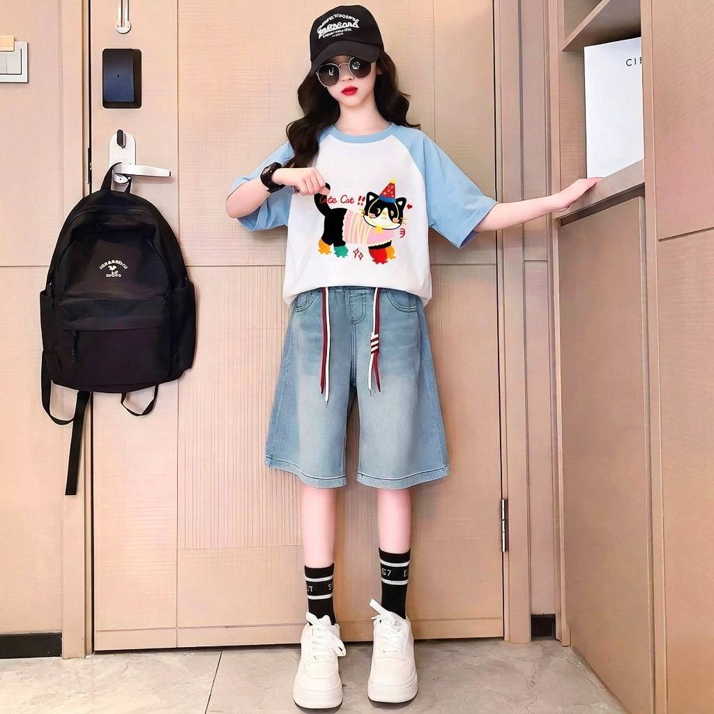 Áo phông tay nối Cute cat tay viền cho bé gái size đại BEESHOP H26036