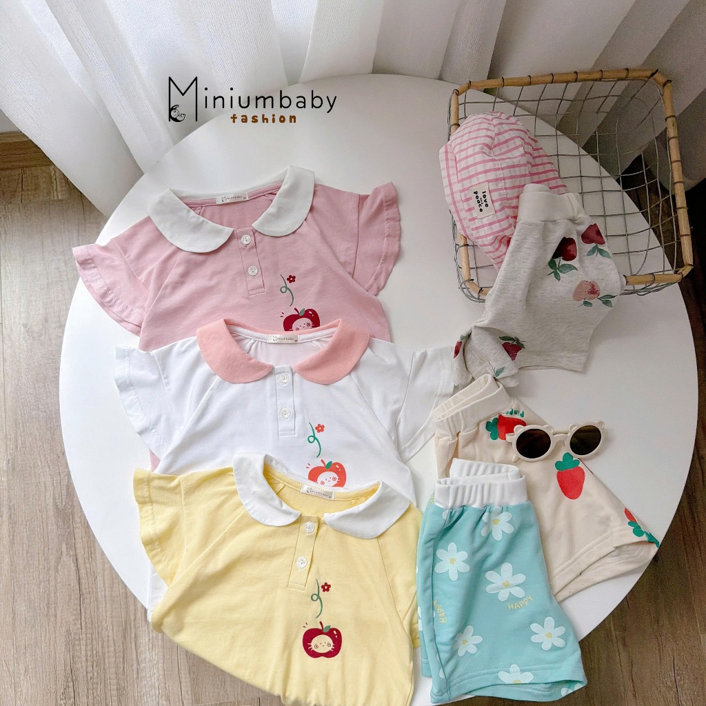 Set bộ cộc tay bé gái cổ sen mix tay áo cánh tiên dễ thương Miniumbaby, chất cotton mềm mịn SB2665