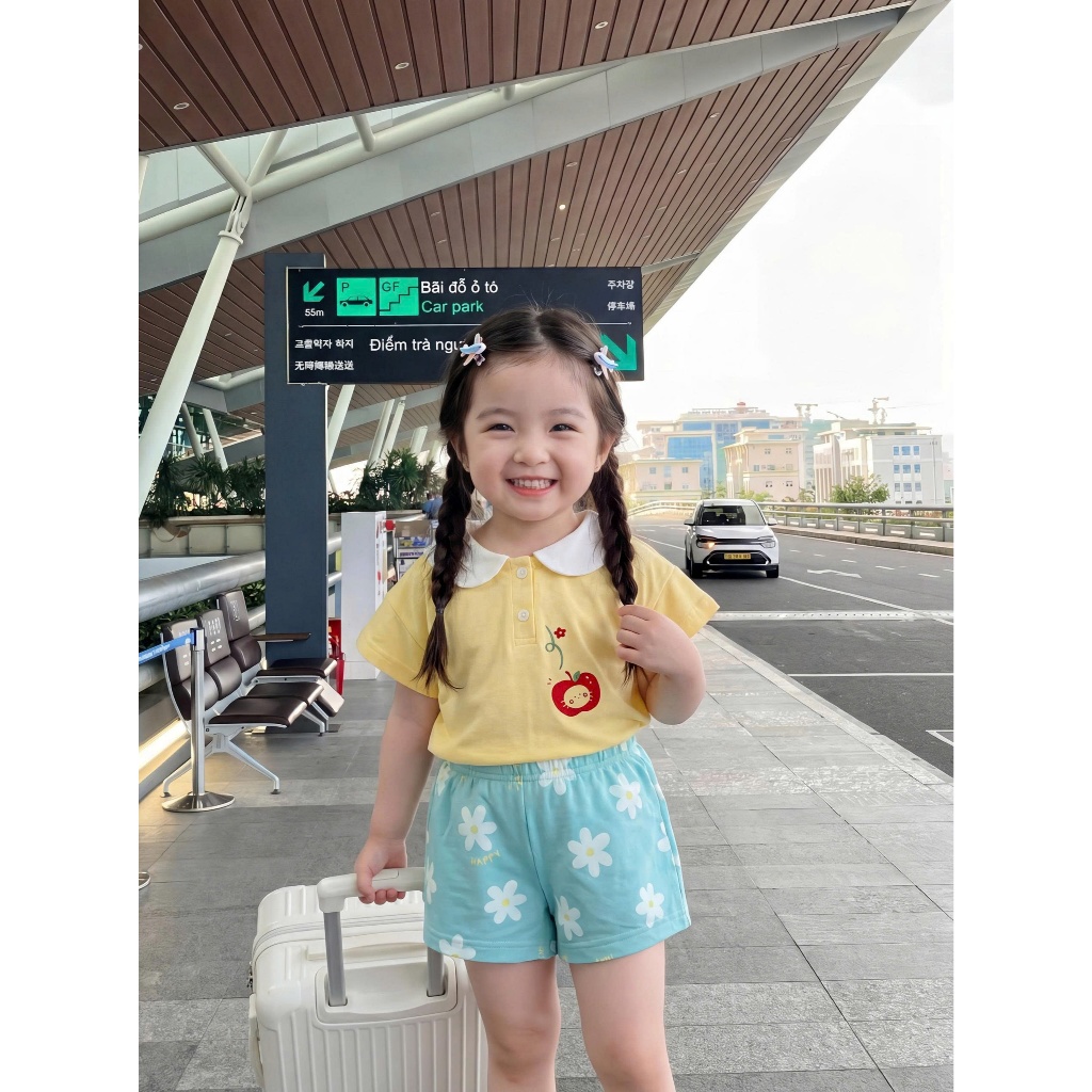 Set bộ cộc tay bé gái cổ sen mix tay áo cánh tiên dễ thương Miniumbaby, chất cotton mềm mịn SB2665