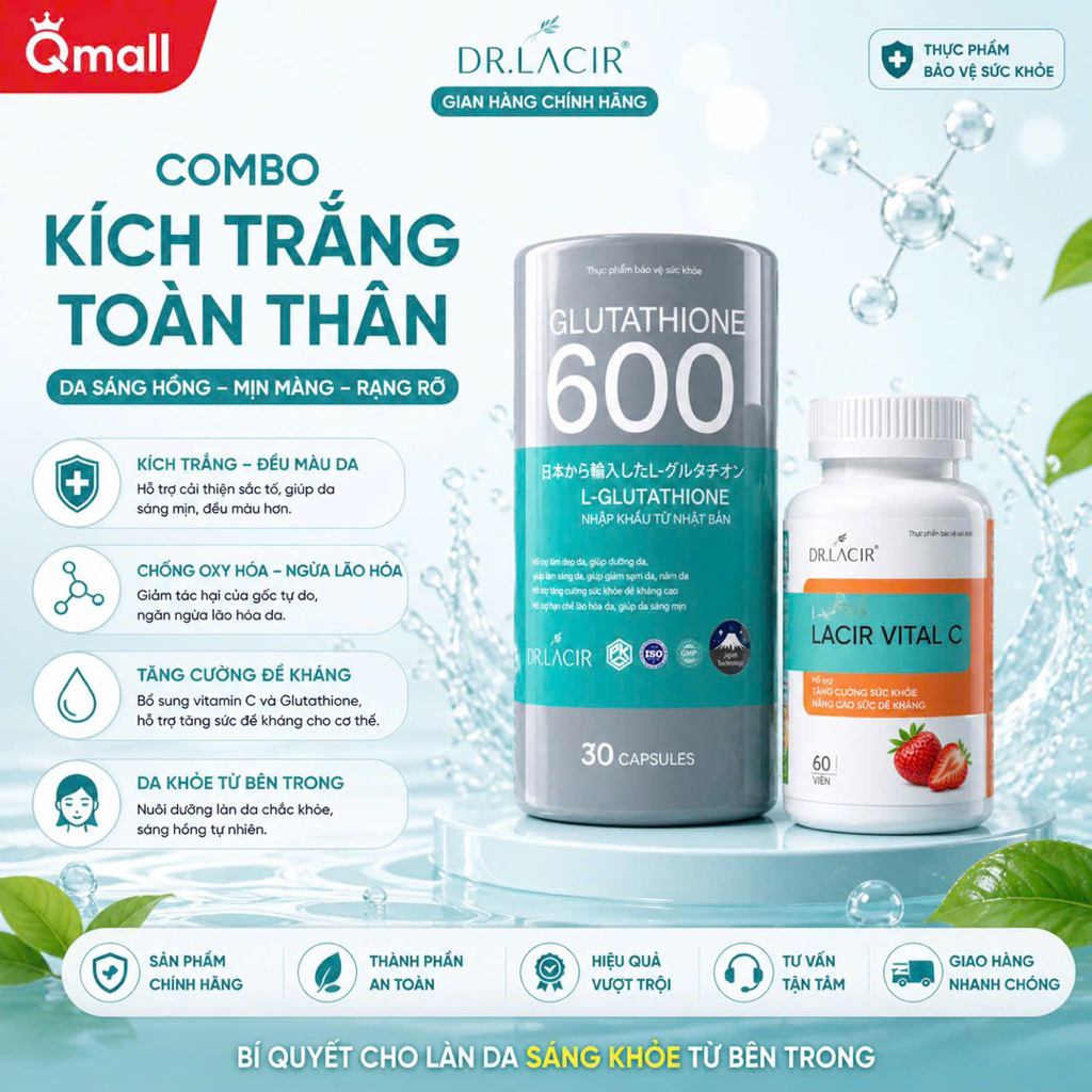 Combo da trắng sáng đều màu Dr Lacir Glutathion 600