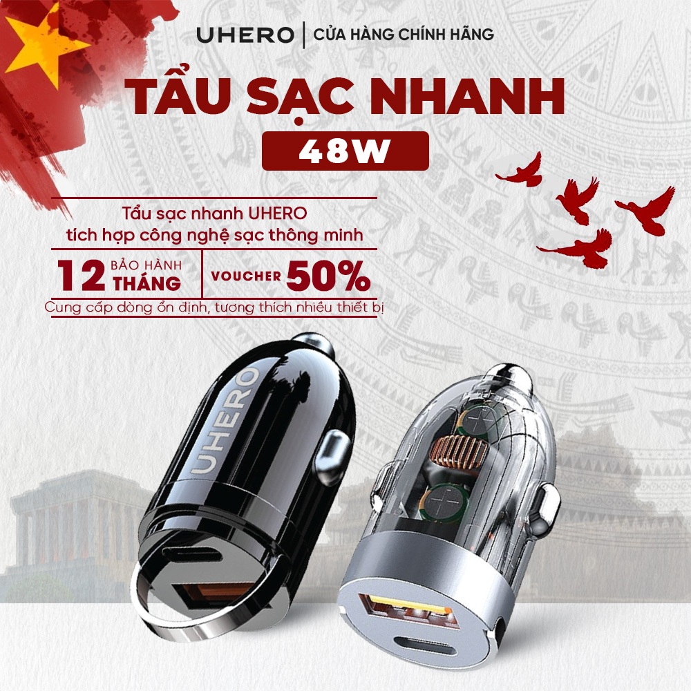 Tẩu sạc nhanh ô tô 48W UHERO chính hãng 2 cổng USB Type-C, chip thông minh TSN
