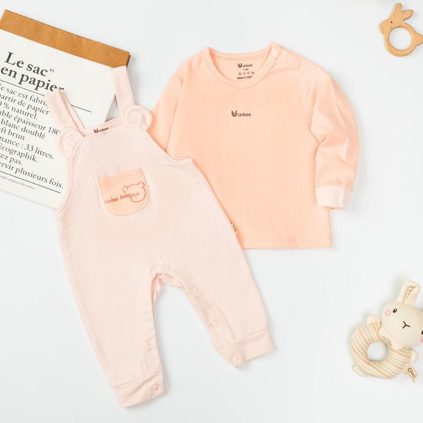 Set yếm kẻ hình gấu Unbee phối túi chất nỉ modal mềm mịn - Bodysuit cho bé trai bé gái