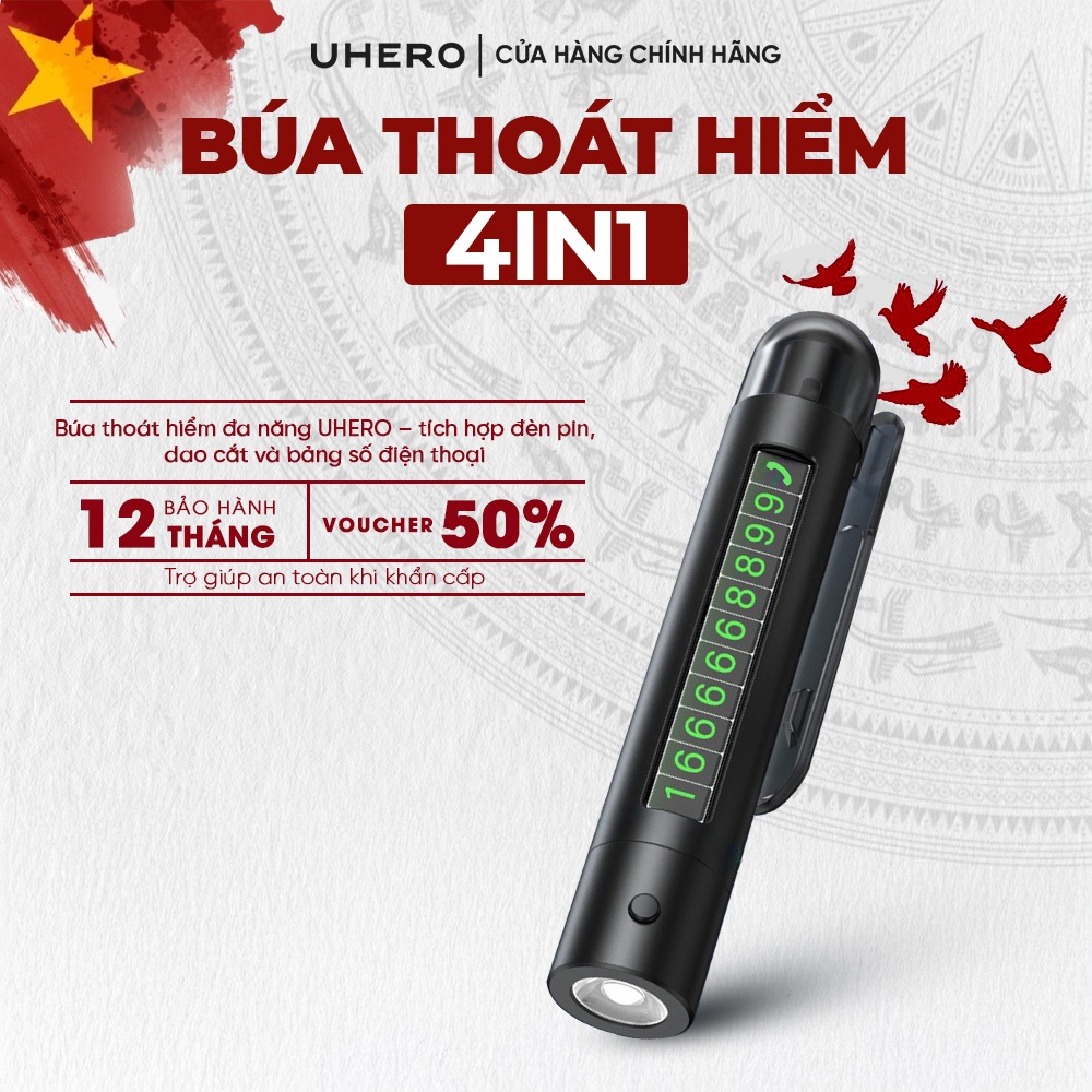 Búa thoát hiểm ô tô 4in1 UHERO kèm bảng số điện thoại ô tô phụ kiện an toàn Bảo Hành 12 Tháng