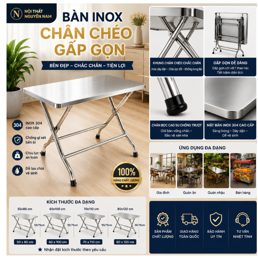 Bàn inox 201  chữ nhật xếp gọn bền đẹp, chắc chắn ( Giao hỏa tốc)