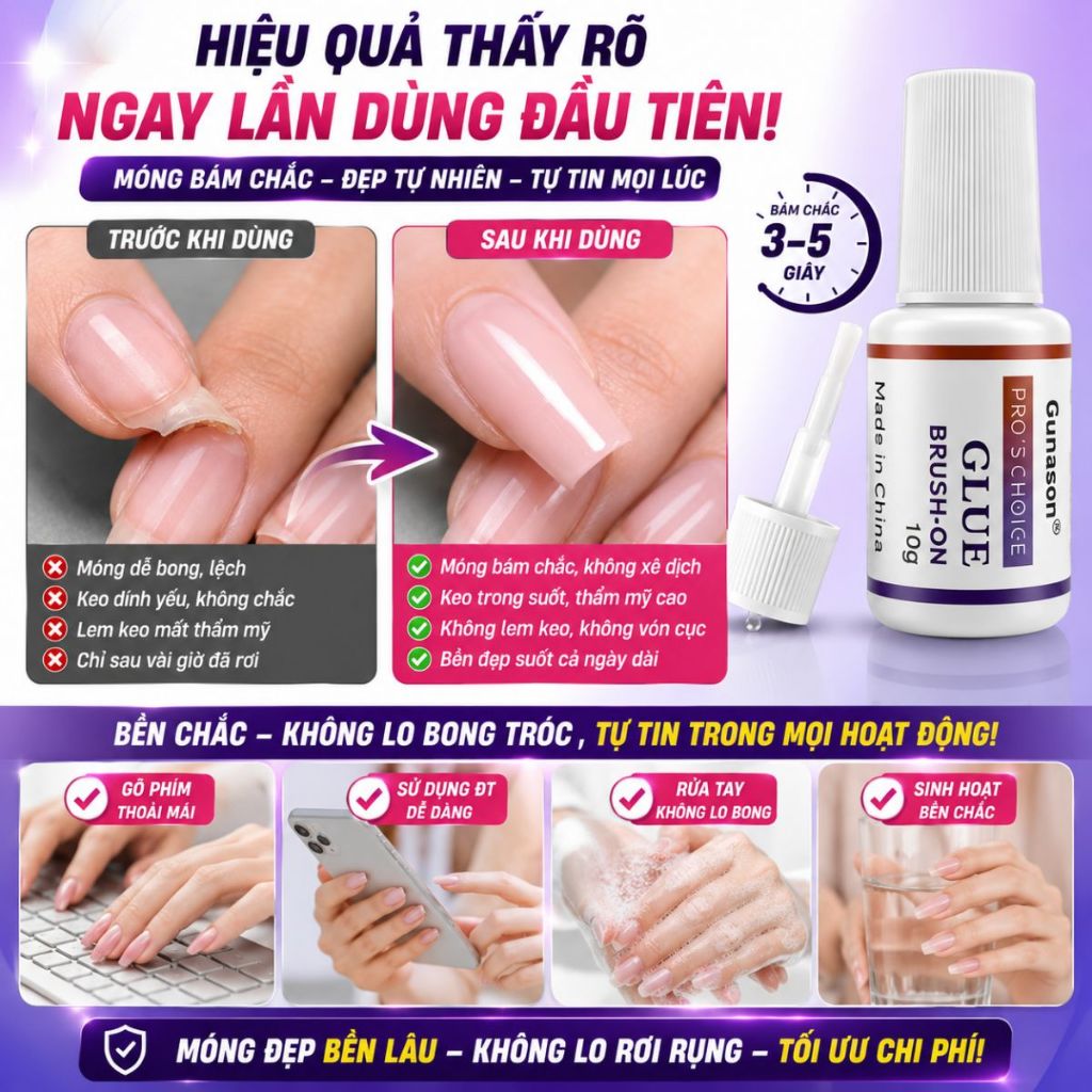 Keo dán móng chuyên dụng gắn móng gắn đá phụ kiện nails siêu chắc nhanh khô Gunasen Glue Brush 10g
