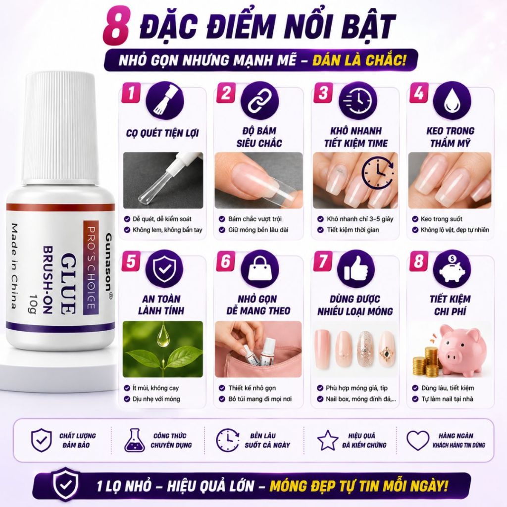 Keo dán móng chuyên dụng gắn móng gắn đá phụ kiện nails siêu chắc nhanh khô Gunasen Glue Brush 10g