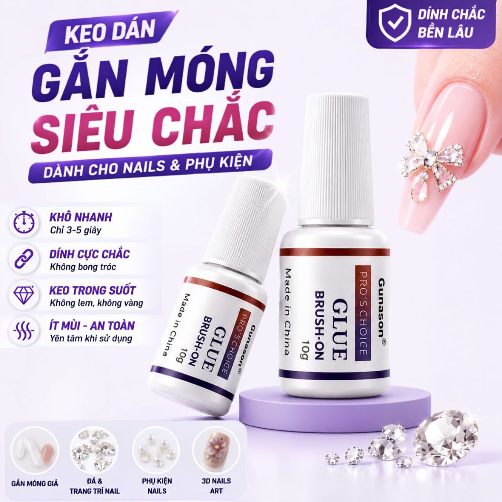 Keo dán móng chuyên dụng gắn móng gắn đá phụ kiện nails siêu chắc nhanh khô Gunasen Glue Brush 10g