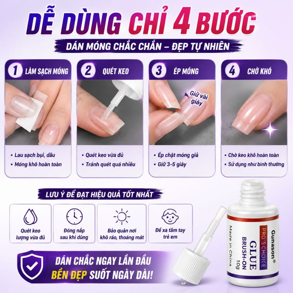 Keo dán móng chuyên dụng gắn móng gắn đá phụ kiện nails siêu chắc nhanh khô Gunasen Glue Brush 10g