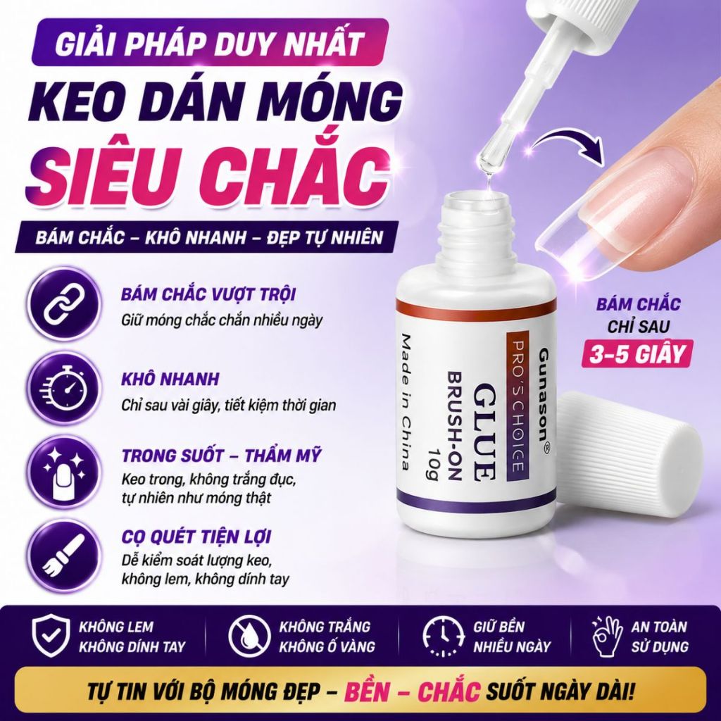 Keo dán móng chuyên dụng gắn móng gắn đá phụ kiện nails siêu chắc nhanh khô Gunasen Glue Brush 10g