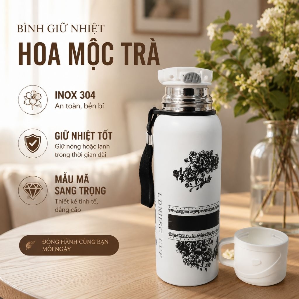 bình giữ nhiệt trắng hoa mộc trà ,dung tích 800ml