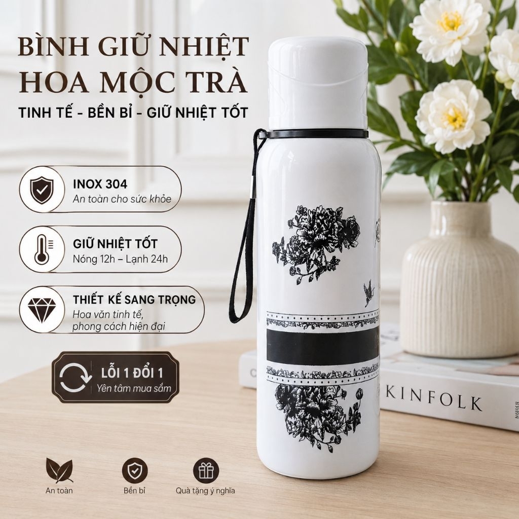 bình giữ nhiệt trắng hoa mộc trà ,dung tích 800ml