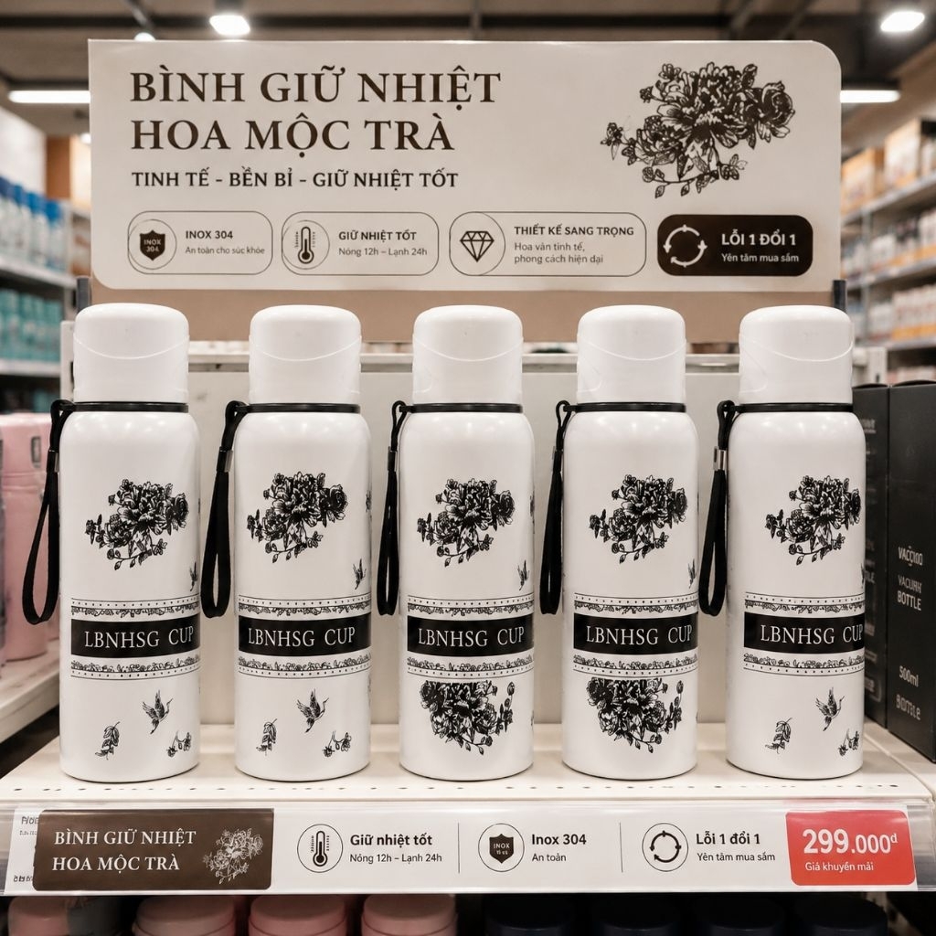 bình giữ nhiệt trắng hoa mộc trà ,dung tích 800ml