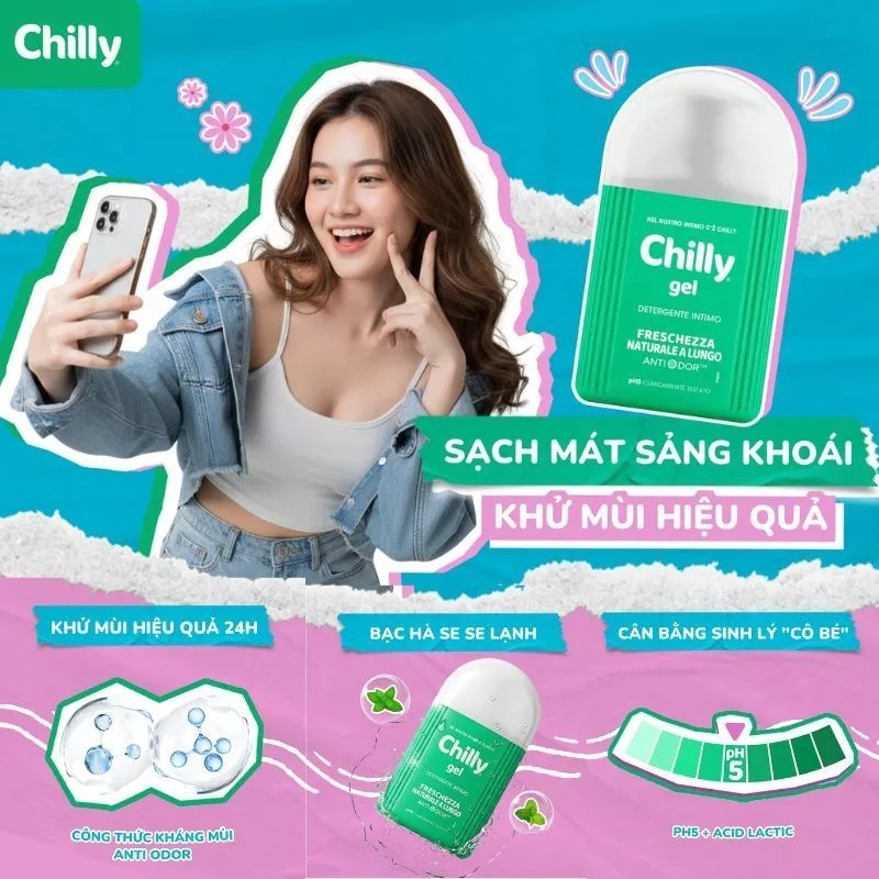 (SẠCH MÁT DÀI LÂU) Combo Dung dịch vệ sinh Chilly 200ml+Deli 50ml dịu êm sạch thoáng, thoải mái vận động