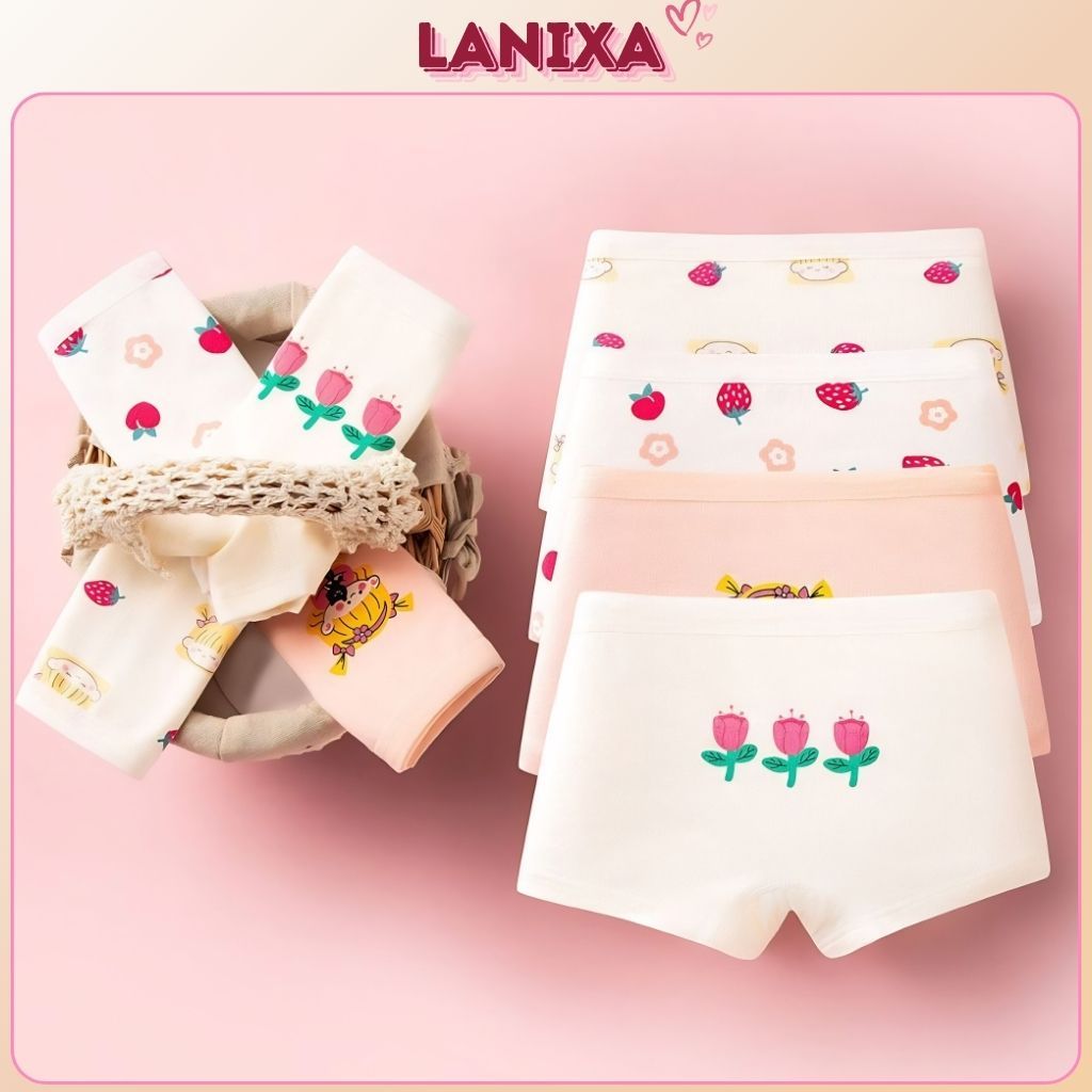 COMBO 4 Quần chip đùi bé gái cao cấp thấm hút mồ hôi co giãn đa chiều họa tiết xinh xắn LANIXA L8026