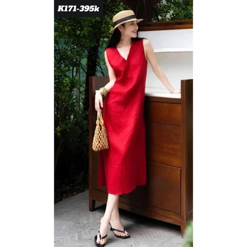 Đầm Suông Bigsize Sát Nách Cổ Chữ V Đầm Suông Chất Modal Phong Cách Hàn Quốc K171 đỏ