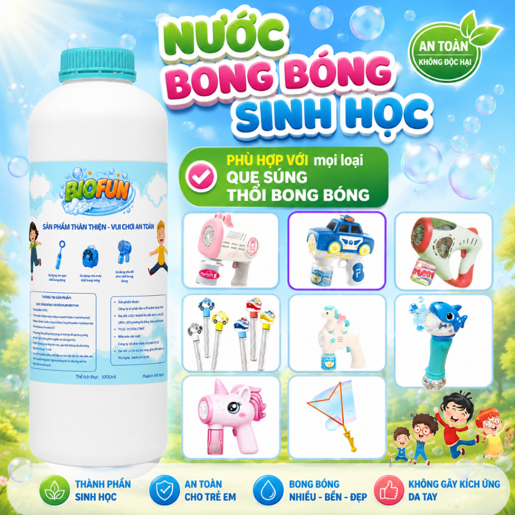 Nước xà phòng tạo bong bóng sinh học Biofun sản xuất tại Việt Nam an toàn cho trẻ em vui chơi
