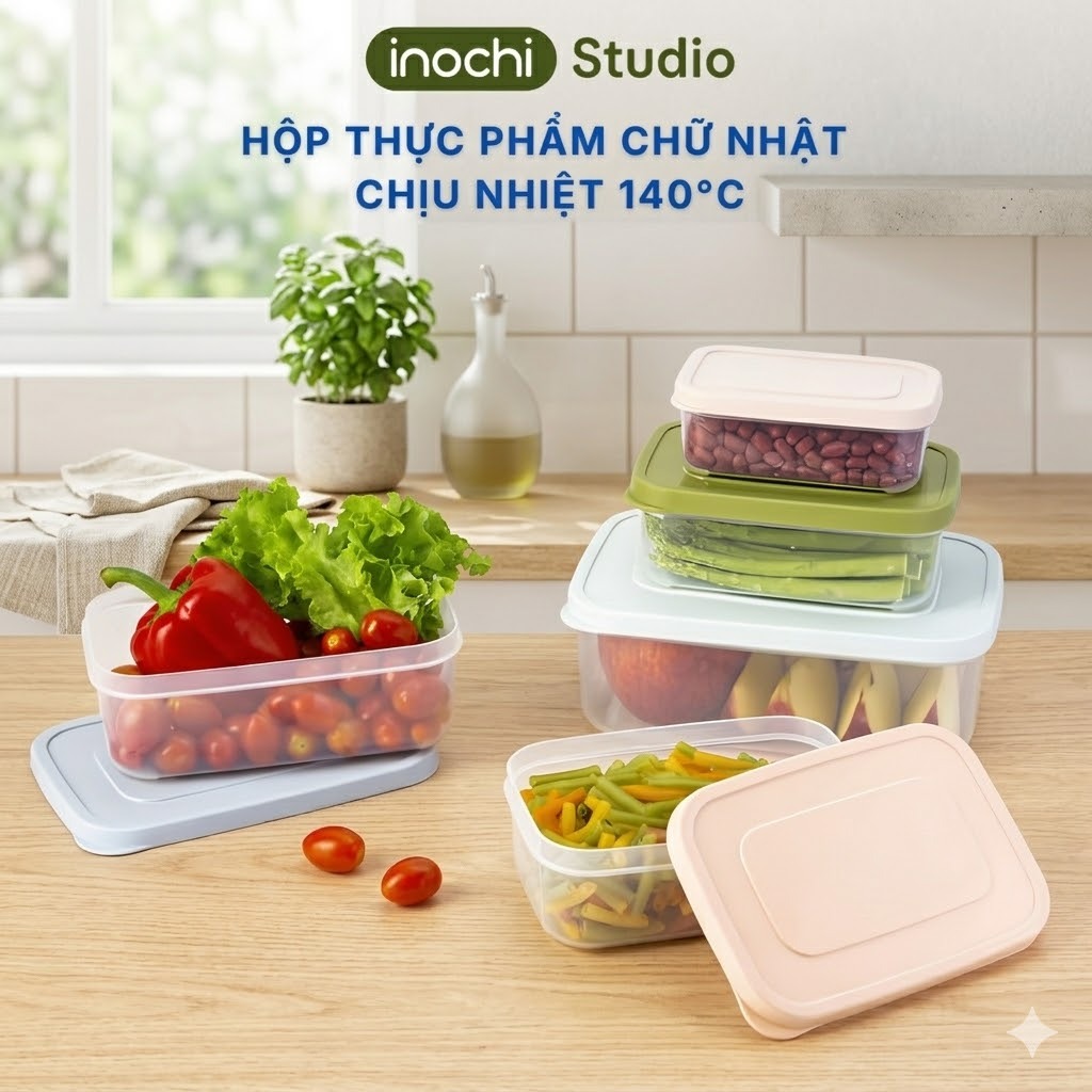 inochi Hộp thực phẩm chữ nhật chịu nhiệt 140°C, dùng lò vi sóng an toàn ...