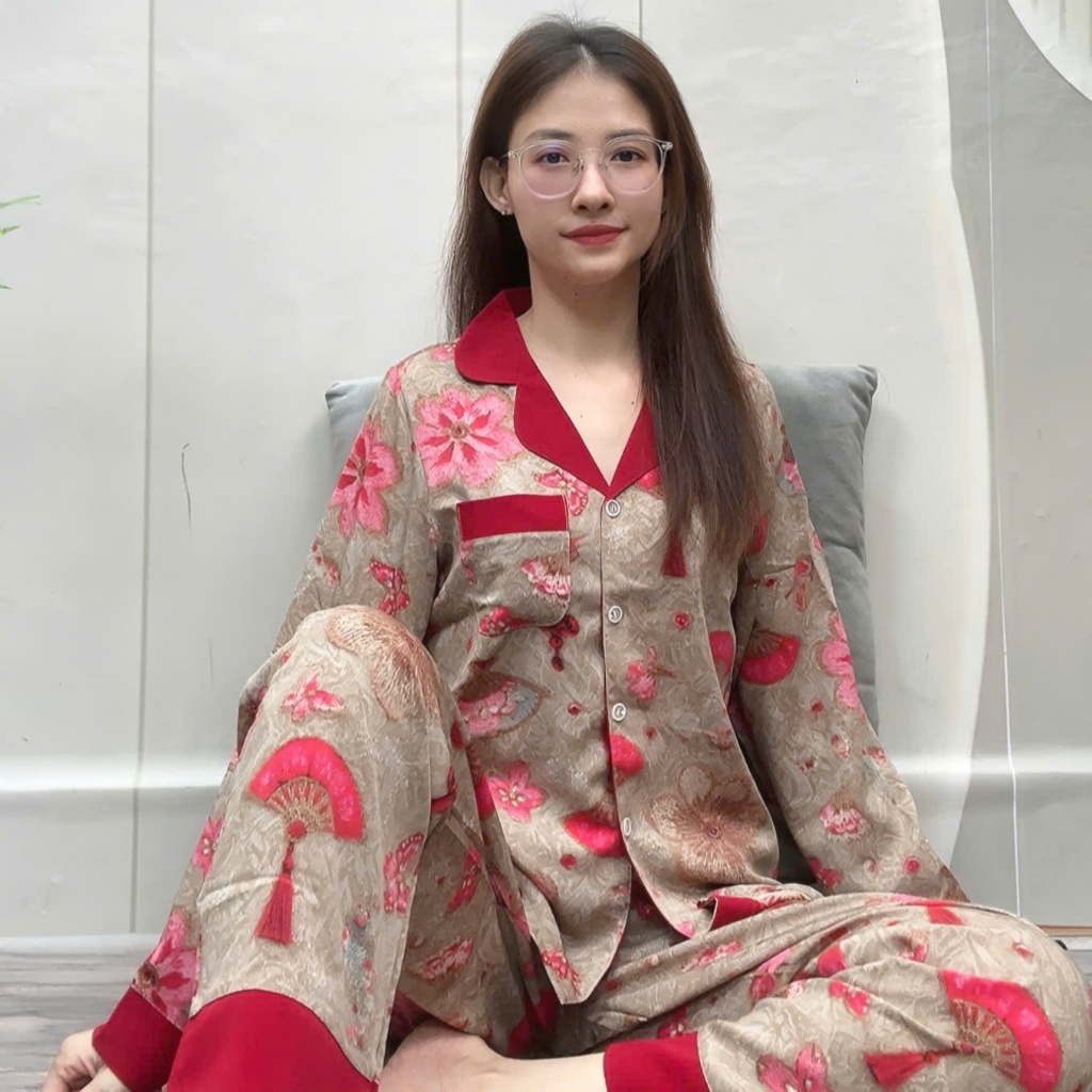 [Tay Dài]  Đồ Bộ Pyjama Tay Dài Quần Dài Lụa Cao Cấp Size 45-78kg Sang Trọng Thoải Mái Chất Liệu Mềm Mịn Không Nhăn