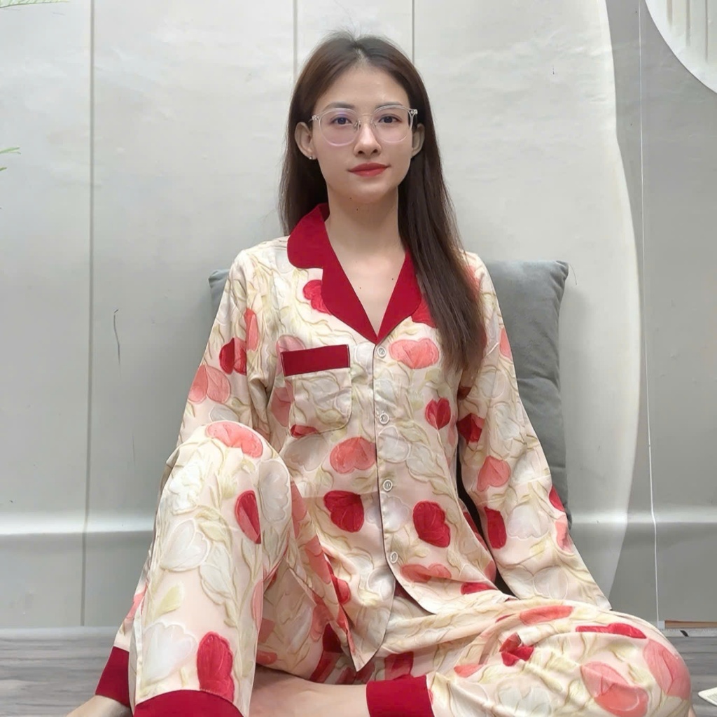 [Tay Dài]  Đồ Bộ Pyjama Tay Dài Quần Dài Lụa Cao Cấp Size 45-78kg Sang Trọng Thoải Mái Chất Liệu Mềm Mịn Không Nhăn