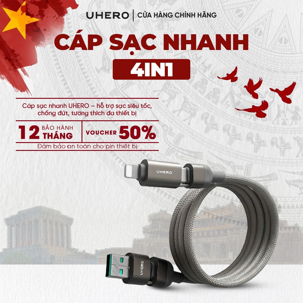 Cáp sạc nhanh 100W từ tính 4in1 chính hãng UHERO, dây sạc nhanh đa năng chuyển đổi 4 đầu sạc dành cho smartphone