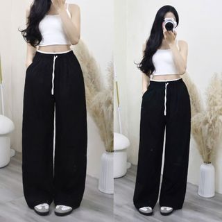 Quần Dài Suông MiSoul Chất Gió Lụa Nhăn Thoáng Mát Phối Cạp Chun Dây Rút BigSize, Quần Ống Rộng 433