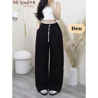 Quần Dài Suông MiSoul Chất Gió Lụa Nhăn Thoáng Mát Phối Cạp Chun Dây Rút BigSize, Quần Ống Rộng 433