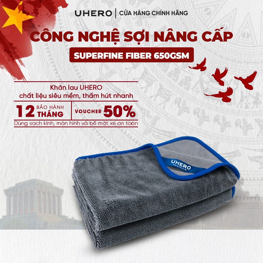 Khăn lau ô tô 40x40cm UHERO Superfine Fiber 650gsm thấm hút, mềm mịn, chống trầy xước KL02