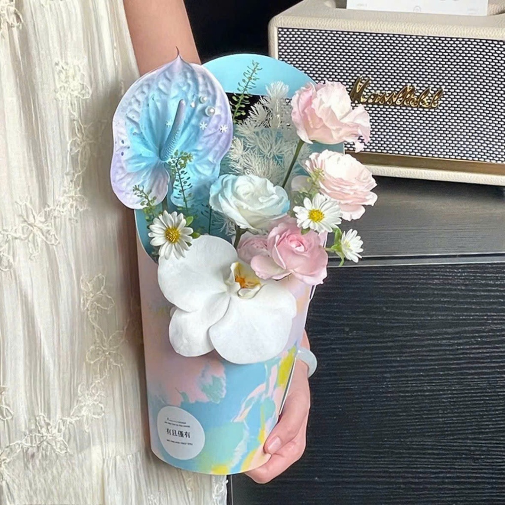 Hộp Cắm Hoa Tròn Có Quai Xách – Hộp Hoa Tươi, Giỏ Hoa DIY, Hộp Đựng Hoa Bó, Phụ Kiện Shop Hoa