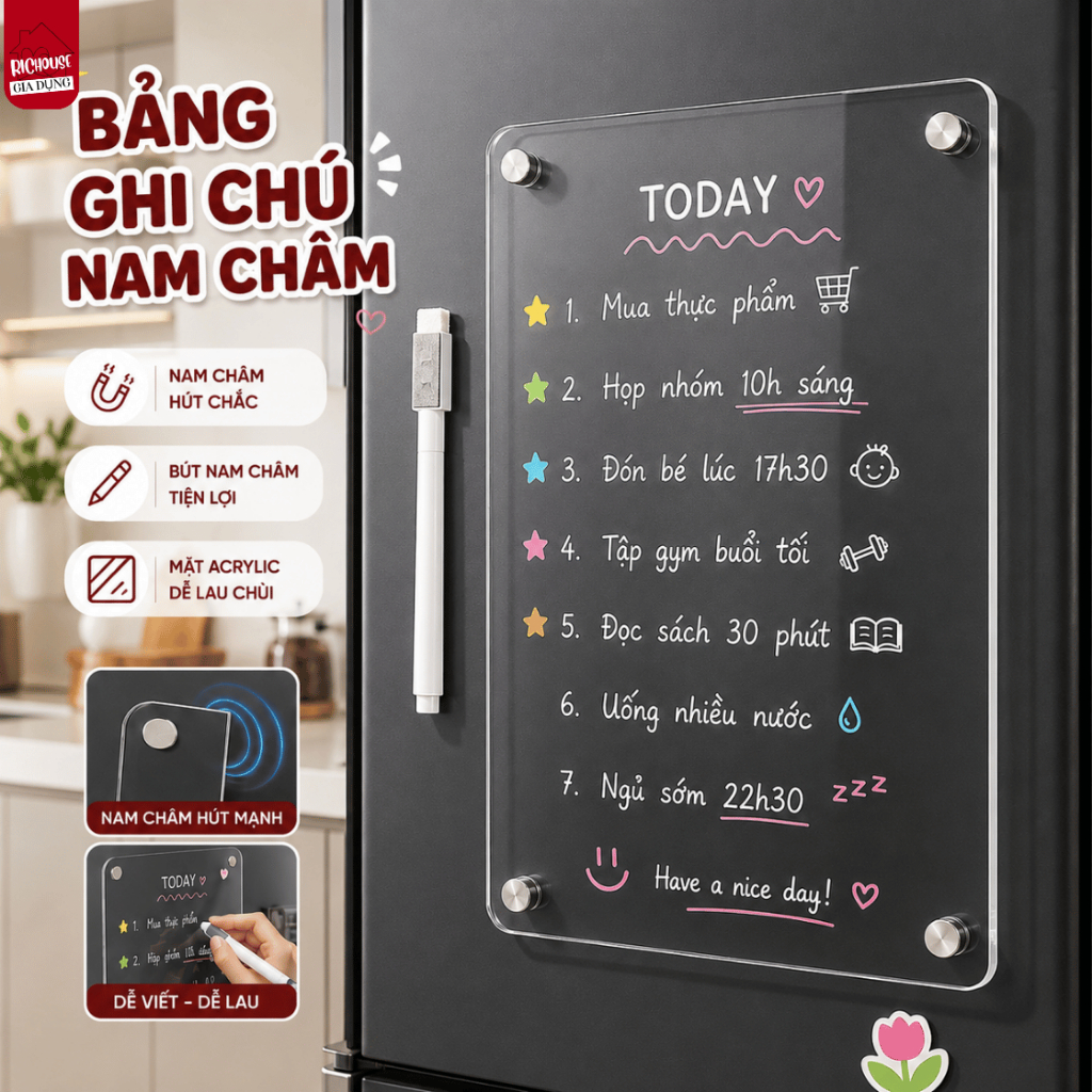 Bảng Nam Châm Trong Suốt Ghi Chú Tính Từ, Bảng Acrylic Dán Tủ Lạnh Lập Kế Hoạch To Do List