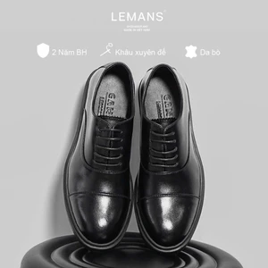 Giày nam Oxford Black LEMANS OF01.1 - Da Bò, Đế cao su thơm tăng cao 4cm, Bảo hành 24 tháng