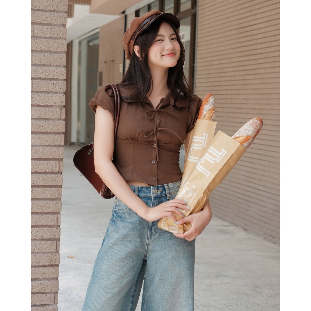 Set Nữ SIKYAN Áo Tay Phồng Thắt Nơ, Chân Váy A Phối Belt Cá Tính SECODEE