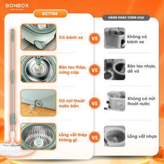 (Nâng cấp) Bộ lau nhà xoay 360 độ - Kèm thùng vắt có 2 bánh xe, lồng inox Bonbox BCT704