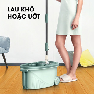 (Nâng cấp) Bộ lau nhà xoay 360 độ - Kèm thùng vắt có 2 bánh xe, lồng inox Bonbox BCT704